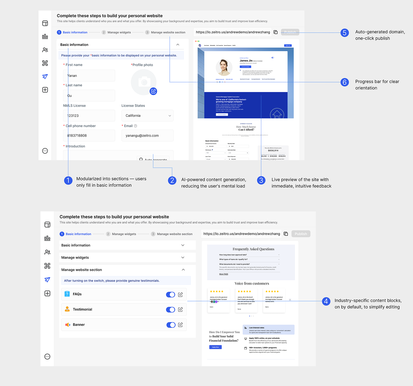 Backend builder with annotated design decisions — modular sections, AI content, live preview, industry defaults, auto domain, progress bar